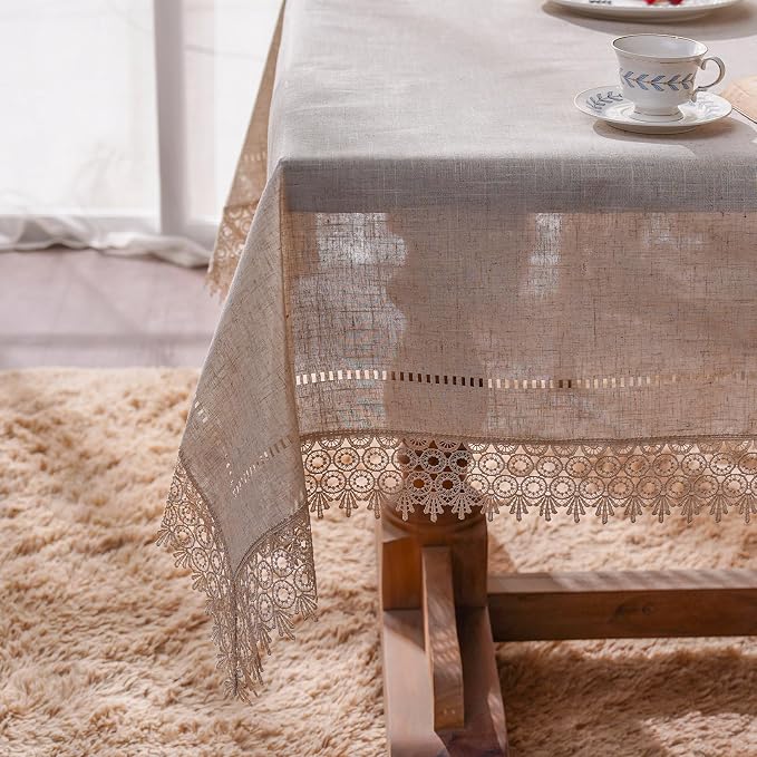 ARTABEL Cut Work Table Cloths with Lace Laser Die-Cut Exquisite Vintage Shabby Chic for Holiday Wedding Long Dinner Tables (Stone, 60 x 84 Inch)