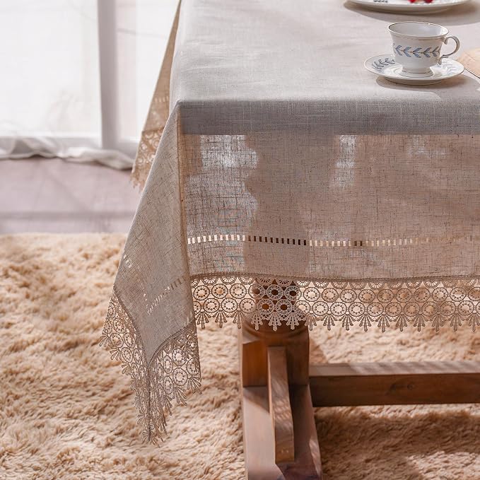 ARTABEL Cut Work Table Cloths with Lace Laser Die-Cut Exquisite Vintage Shabby Chic for Holiday Wedding Long Dinner Tables (Stone, 52 x 70 Inch)