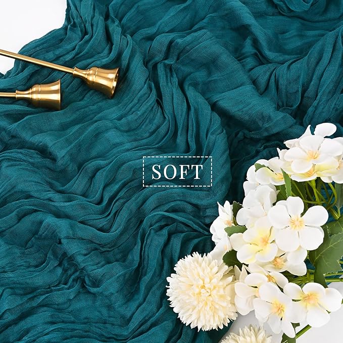 Teal 12 Pieces Cheesecloth Table Runner 10FT Runner for Tables Gauze Fabric Boho Table Runner Decoration Rustic Sheer Runner for Wedding Shower Birthday Party Table Arbor Decor (35 x 120 Inches Long)