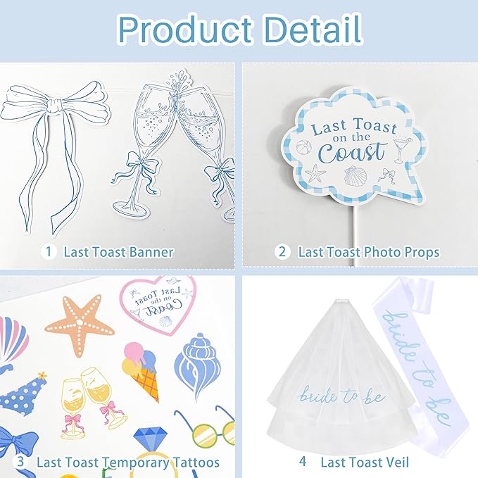 Last Toast on The Coast Bachelorette Party Decorations Kit, Coastal Bachelorette Photo Booth Props Beach Coastal Banner Bride to Be Sash Veil Temporary Tattoos Bridal Shower Decorations