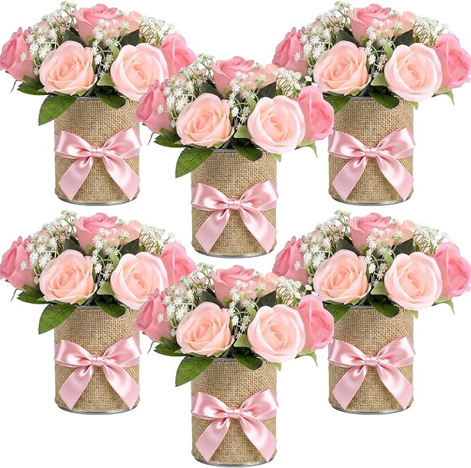 Suncalla 45 Pcs/6 Set Floral Baby Shower Decorations for Girl Rustic Vase Table Centerpieces with Burlap Bow Pink Flower Metal Vases Decor for Baby Girls Wedding Reception Picnic Party Table Decor