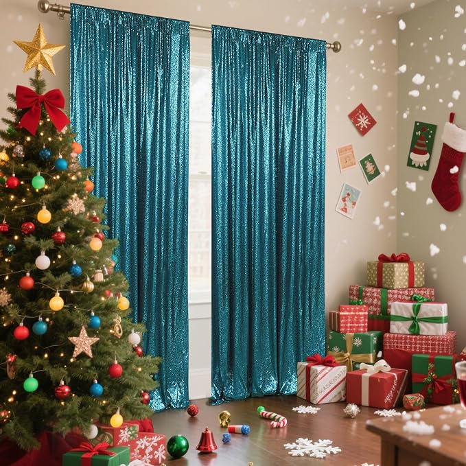 PartyDelight Teal Sequin Backdrop Curtains 2x8ft 2 Panels | 3mm stitched sequin curtain with 4 inch rod pocket for 2x8ft 2 panel doorway window side drape narrow photo booth strip