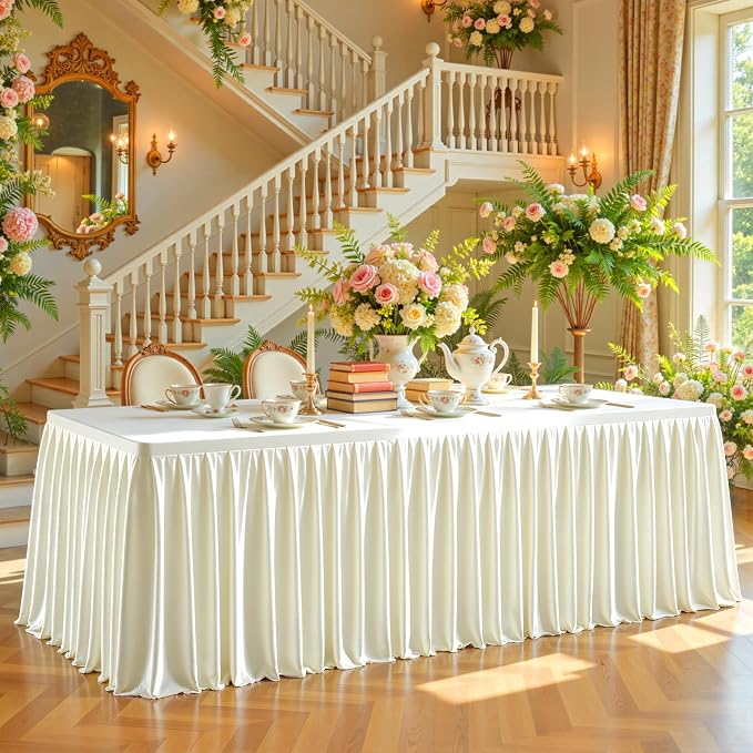 Ivory Satin Tablecloths Rectangle 8FT, Glitter Fitted Stretch Table Covers Wrinkle-Free Floor Length Shimmer Table Skirt for Weddings Parties Baby Shower Banquets Vendor Events