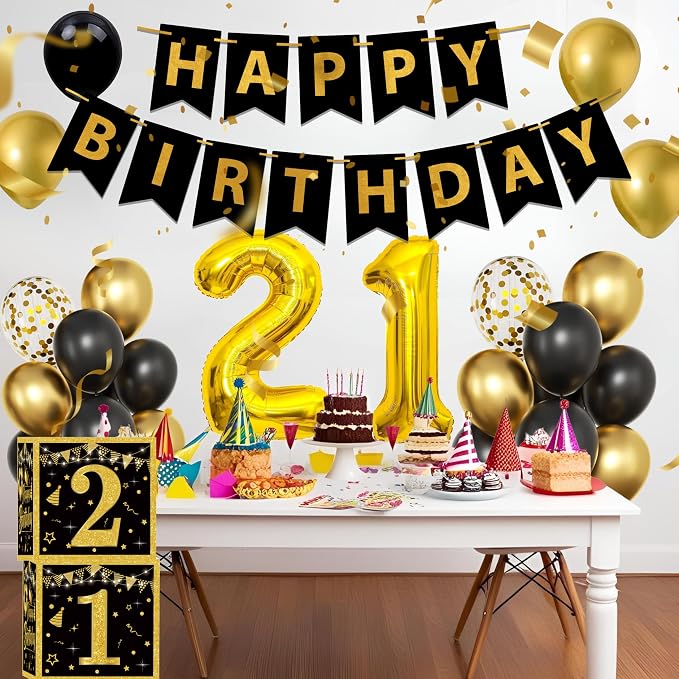 Gold 21st birthday decorations for him Men,3pcs birthday Decorations for Men boys black and gold Balloon Boxes Birthday Party Favors