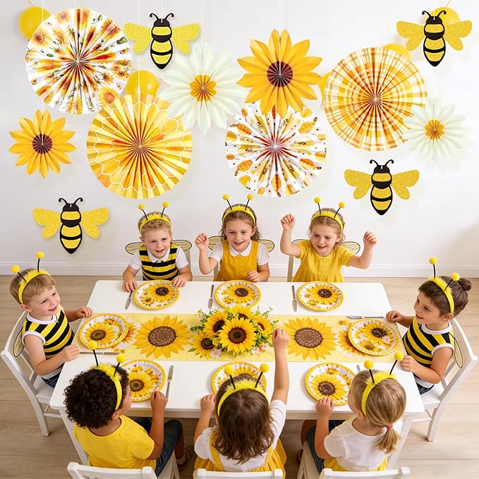 SUNBEAUTY Sunflower Party Decorations Sunflower Birthday Paper Fan Decorations with Bees Yellow White Sun Flower Wall Hanging for Baby Shower Summer Garden Party Classroom Bulletin Board Decoration