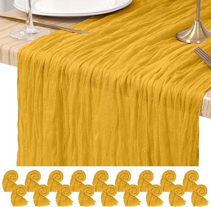 18 Pack Cheesecloth Table Runner Gold 10Ft Rustic Boho Gauze Table Runner Romantic Long Sheer Fabric Cheesecloth Table Runner for Wedding Festival Birthday Anniversary Dinner Outdoor Events