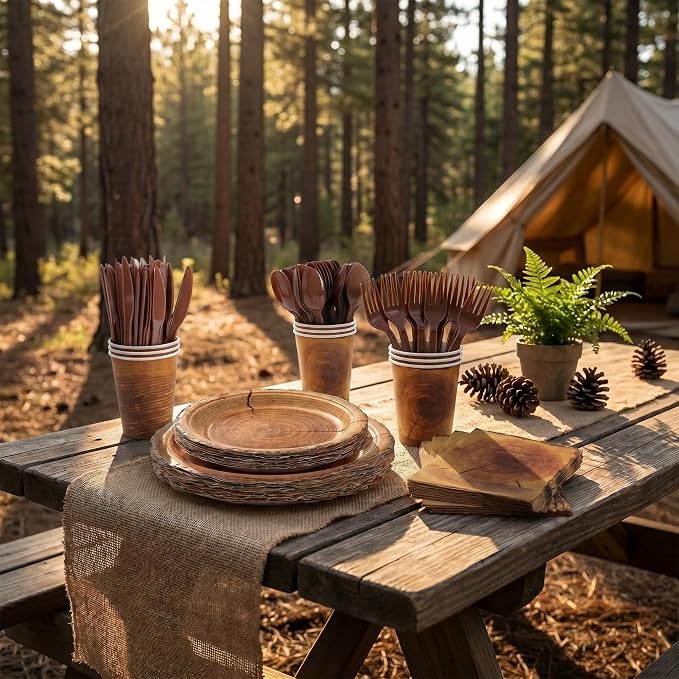 400 Pcs Disposable Rustic Wood Grain Slice Tableware Set for 50 Guests | Heavy-Duty 7" & 9" Paper Plates, Cups, 13" Napkins & Plastic Cutlery for Camping Forest Woodland Birthday Party Supplies