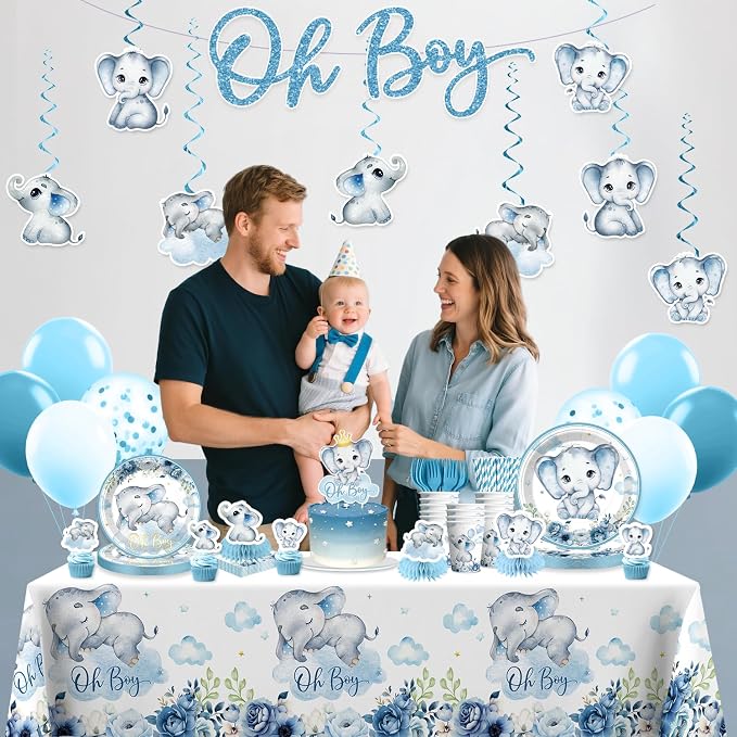Xynic 356pcs Elephant Baby Shower Decorations Complete tableware Set, for 25 Guests, Blue Elephant Baby Shower Decoration Boy, includes Disposable Plates and Napkins, Banner, Tablecloth
