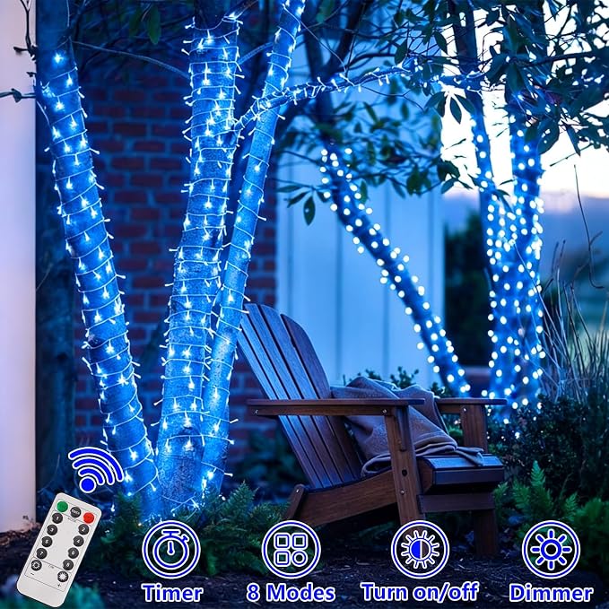 YEGUO Battery Operated String Lights, 2 Pack Each 33ft 100 LED Twinkle Fairy Lights Outdoor Waterproof, 8 Modes Clear Wire Blue Christmas Lights Indoor with Remote