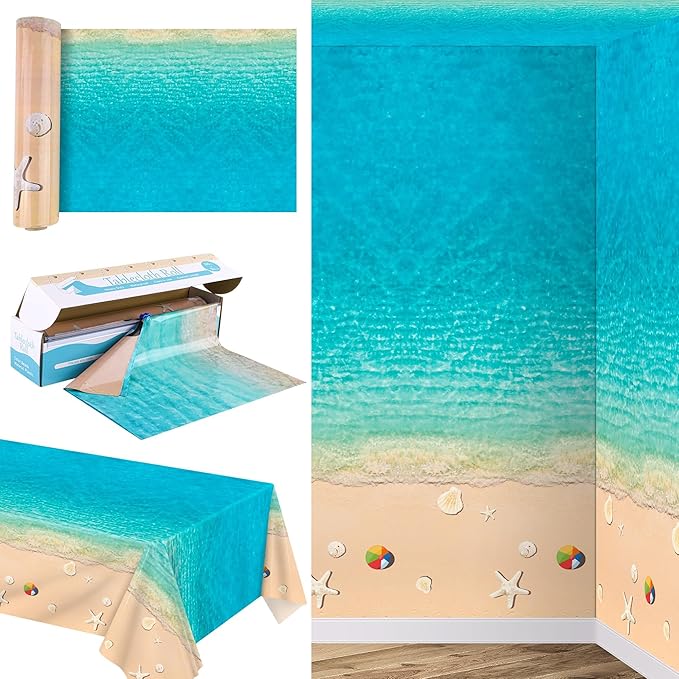 Kochorie 100 Ft x 54 Inch Summer Beach Tablecloth Roll with Cutter Box Beach Themed Party Tablecover Disposable Beach Ball Plastic Tablecloth Ocean Backdrop for Summer Pool Birthday Party Supply