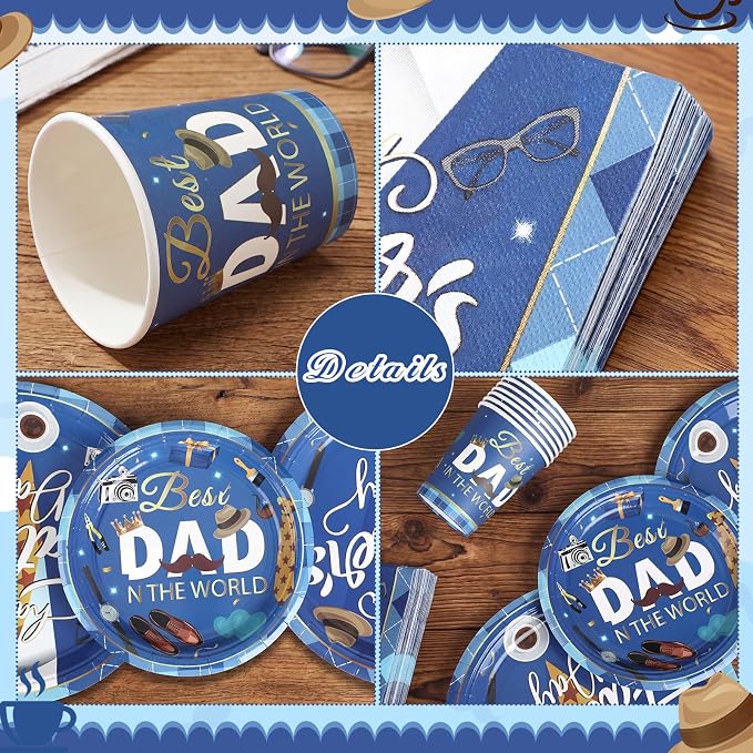Jenaai 200 Pcs Father's Day Tableware Set Serve for 50 Guests 9" Dinner Plates 7" Dessert Plates Paper Cups and Napkins Set for Dinnerware Tableware Disposable Father's Day Party Supplies
