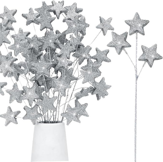 Wavwavw 24 Pcs Glitter Star Picks 13.8'' Sparkly Star Stem Picks Decoration Foam Vase Sticks Centerpiece Table Craft Vase Filler for Wreath Birthday Wedding Bridal Shower Arrangement(Silver)
