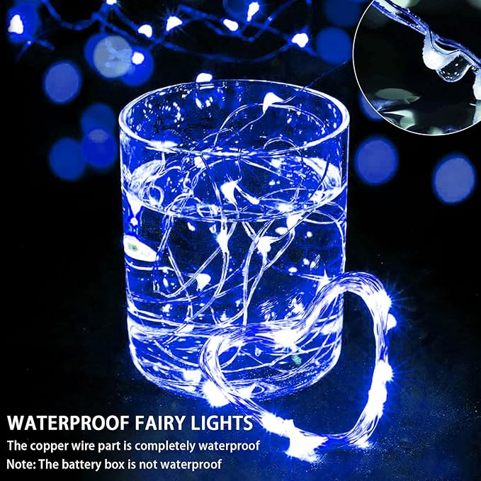 24 Pack Blue Fairy Lights 7Ft 20 LED Twinkle String Lights 3 Modes Battery Operated Waterproof Firefly Starry for Mason Jar Wedding Party 4th of July Christmas Day Table Centerpieces