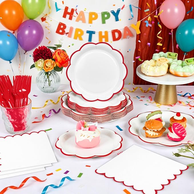 96 Pcs Red and White Paper Plates and Napkins Set, Tableware set for 24 Guest include White Dessert Plates with Red Scalloped Edge, Napkins and Forks for 4th of July, Baby Shower, Wedding, Birthday