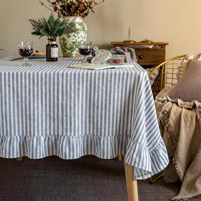 Boao Cotton 52 x 70 Inch Farmhouse Ruffle Tablecloth Blue White Striped Flounces Trim Table Cover for Rectangle Table Kitchen Party Wedding Decor