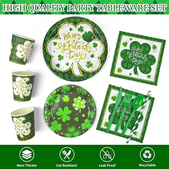 194 Pcs St Patricks Day Paper Plates & Napkins,Green Shamrock Paper Plates St Patricks Dinnerware Disposable Including Cup Straw Plastic Cutlery Banner Tablecloth for Saints Day Party Supplies