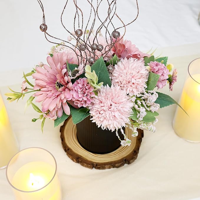 Pink Flowers Table Centerpieces - Set of 6 Pre-Made Daisy Floral Arrangements with Black Metal Vase for Birthday, Baby Shower, Party, Events Celebration Decorations - Dusty Pink & Rose Gold