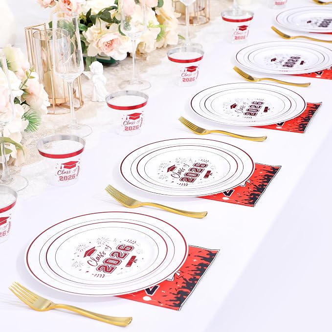 150 Pcs 2026 Graduation Plastic Plates with Disposable Silverware Serves 30 Guests, White Red Graduation Disposable Plates Including 30 Dinner&Dessert Plates, Cups, Napkins, Gold Forks for Party