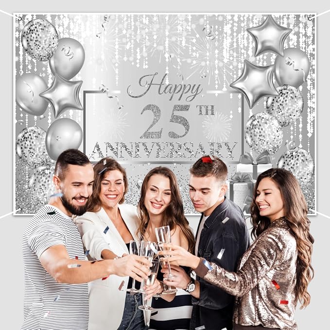 AOFOTO Happy 25th Anniversary Backdrop Glitter Grey Spots Ballons Printed Photography Background 25 Years Wedding Anniversary Party Home Wall Decor Supplies Banner Portrait Photo Studio Props 10x6.5ft