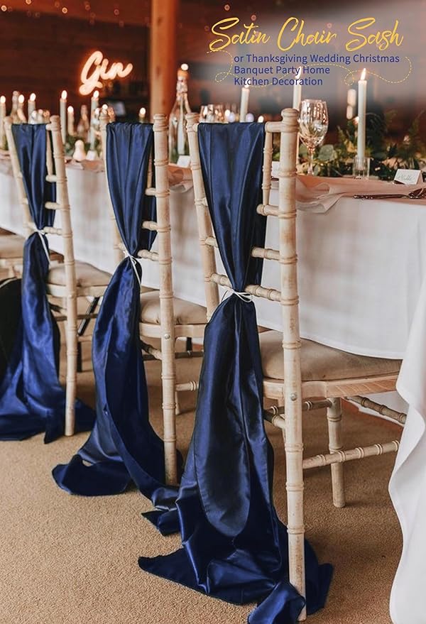 120 PCS Navy Blue Satin Chair Sashes, Ties Bows Designed Chairs Decorative, Chair Cover Sashes for Thanksgiving Wedding Christmas Banquet Party Home Kitchen Decoration (7 x 108 inch)