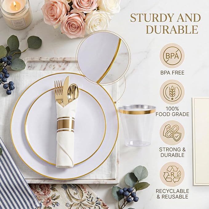 KIRE 175PCS Gold Plates Disposable - Heavy Duty White and Gold Plastic Plates Dinnerware Sets - 25 for Dinner 25 for Dessert 25 Pre Rolled Napkins and 25 Cups for Birthday/Ramadan/Wedding/Mother's Day