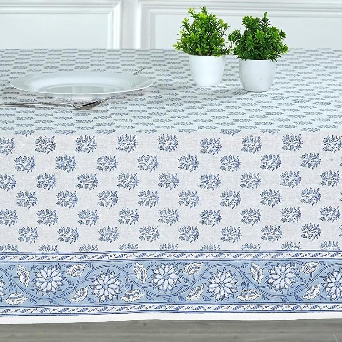 Ridhi Sky Beau Blue Hand Block Print Cotton Rectangle Tablecloth 118" x 70" inches Reusable Table Cover Decorative Everyday Use for Dining Room, Farmhouse, Home Gift for Spring, Mother's Day