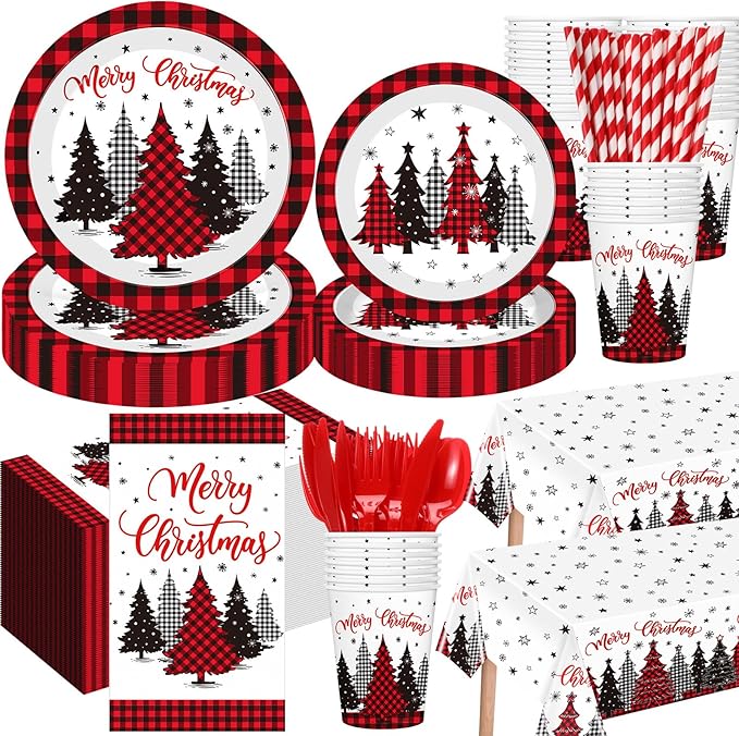 Funnymoom 452 Pcs Christmas Tree Party Supplies for 50, Red Buffalo Plaid Gingham Christmas Paper Plates Napkins Cups Tablecloth Cutlery Straws Tableware Set for Xmas Holiday Party Decorations