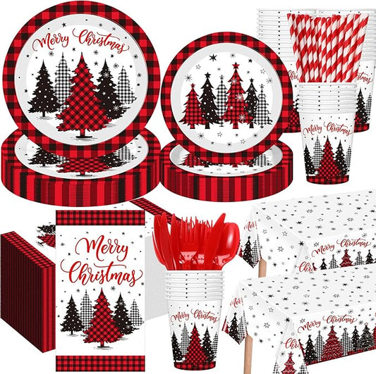 Funnymoom 452 Pcs Christmas Tree Party Supplies for 50, Red Buffalo Plaid Gingham Christmas Paper Plates Napkins Cups Tablecloth Cutlery Straws Tableware Set for Xmas Holiday Party Decorations