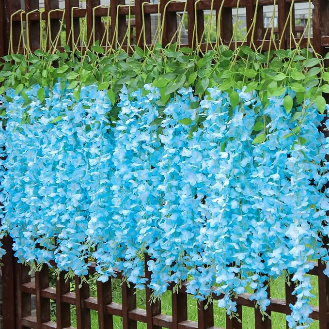 Pauwer Wisteria Hanging Flowers 24 Pack Fake Flower Garland Artificial Wisteria Vines Rattan Silk Flower String Wedding Party Wall Decorations,Blue