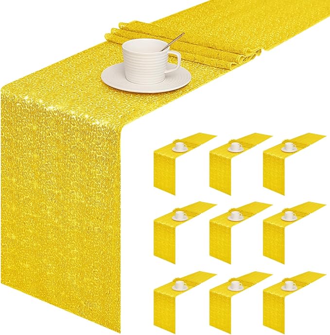 Sugargirl 10 Packs 12 x 72 inches Sequin Table Runner, Glitter Golden Yellow Table Runner for Birthday Party Supplies Wedding Holiday Celebration Event Decorations