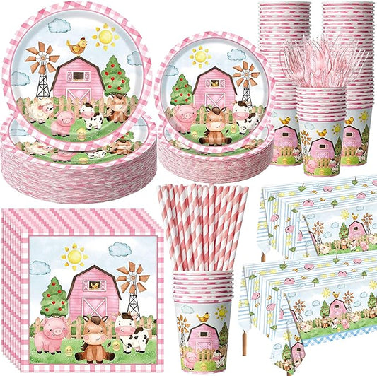 Potchen 452 Pcs Party Supplies Serve 50 Guests, Paper Plates Napkins Cups Cutlery Plastic Tablecloth Dinnerware for Birthday Wedding Party Decoration(Pink Green, Farm Animals)