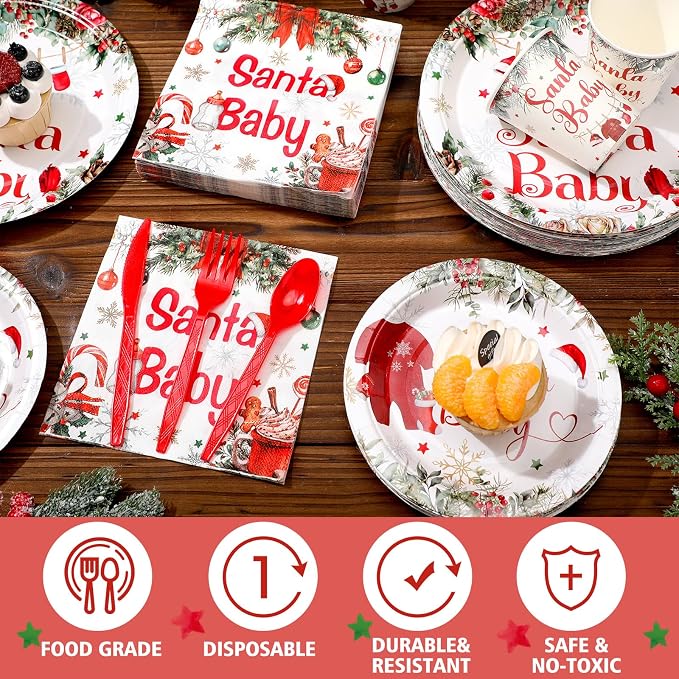 Dandat 350 Pcs Baby Shower Plates Set Serves 50 Tableware Sets Include Plates Napkin Cup Forks Knives Spoons Disposable Dinnerware (Christmas Santa Baby,Red)