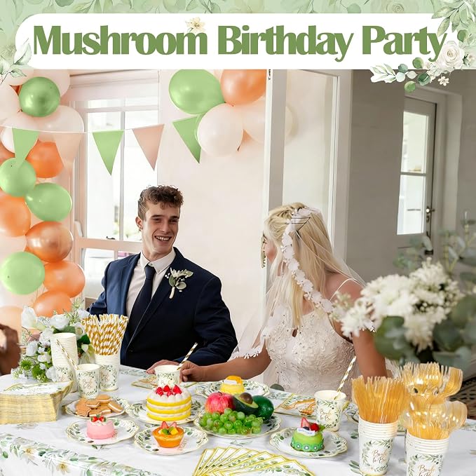Funnymoom 452 Pcs Sage Green Bridal Shower Decorations for 50, Bride to Be Bridal Shower Paper Plates Napkins Cups Tablecloth Cutlery Straws for Eucalyptus Leaves Wedding Party Supplies