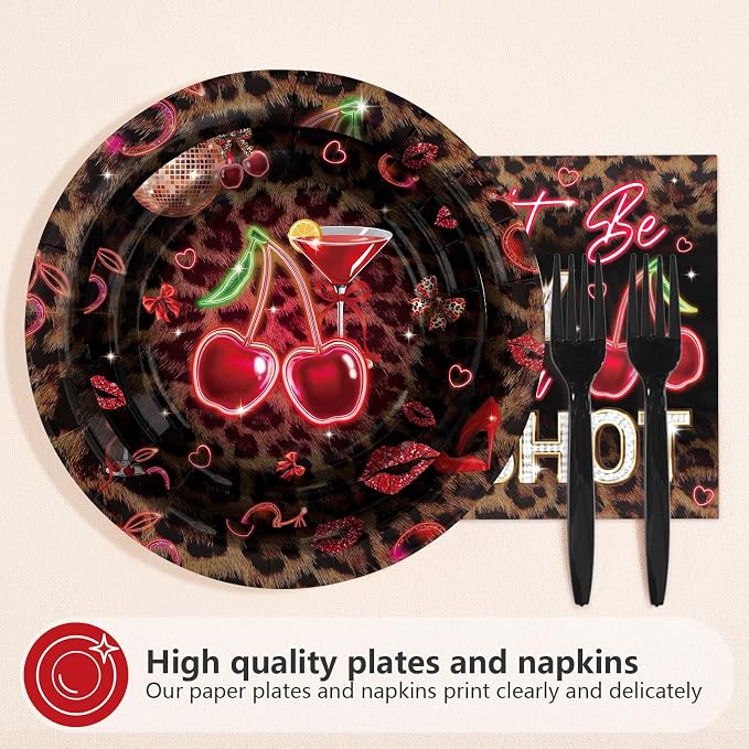 96Pcs Cheetah and Cherry Birthday Party Decorations Red Leopard Print Plates and Napkins Red Black Leopard Cherry Tableware Set for Girls Night Bachelorette Birthday Wedding Party Supplies Serves 24