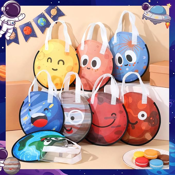 Locmeo 24 Pcs Outer Space Party Favor Bags 11 Inch Space Birthday Gift Bag Nonwoven Reusable Tote Bags with Handle for Goodie Snack Treat Outer Spaces Planet Party Supplies Birthday Gift Decoration