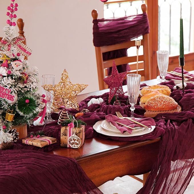 10 Pack Burgundy Cheesecloth Table Runner 17x108 Inch Semi Sheer Boho Rustic Gauze Cheese Cloth Table Runners for Wedding Party Birthday Baby Shower Home Décor