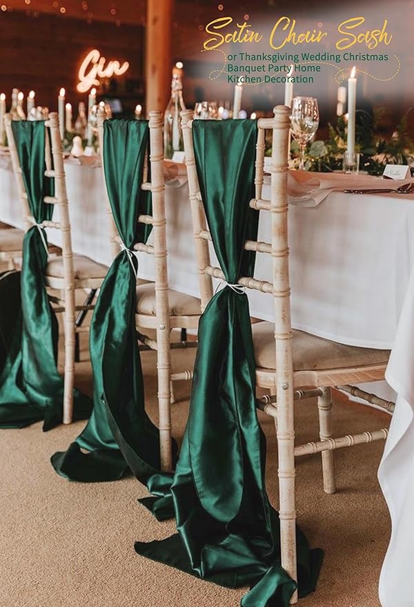 120 PCS Emerald Green Satin Chair Sashes, Ties Bows Designed Chairs Decorative, Chair Cover Sashes for Thanksgiving Wedding Christmas Banquet Party Home Kitchen Decoration (7 x 108 inch)