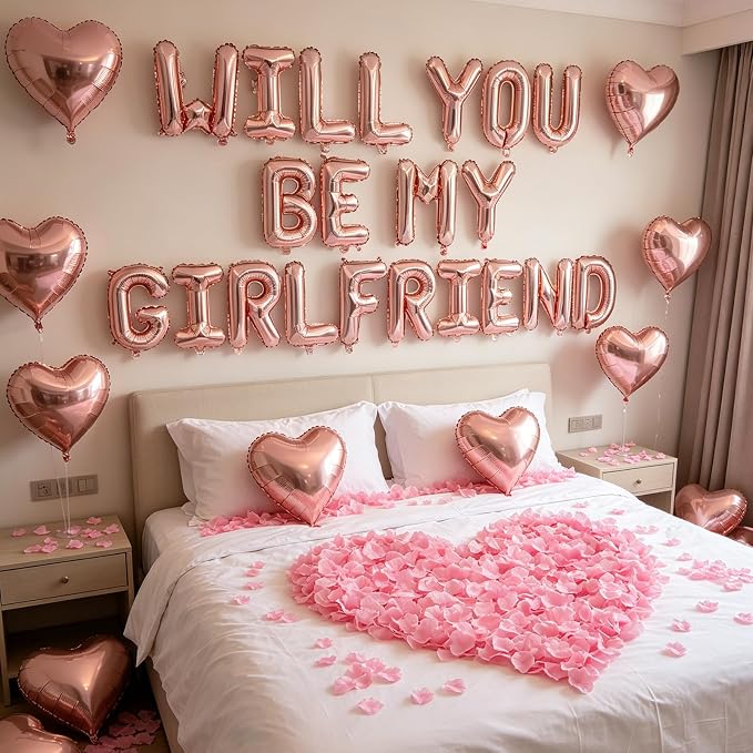 2 Set Rose Gold Will You Be My Girlfriend Balloons - 42pcs 16" Letter Balloons 1200pcs Pink Artificial Rose Petals 10pcs 18" Heart Balloon Alphabet Foil Mylar Balloon for Valentines Day Decorations