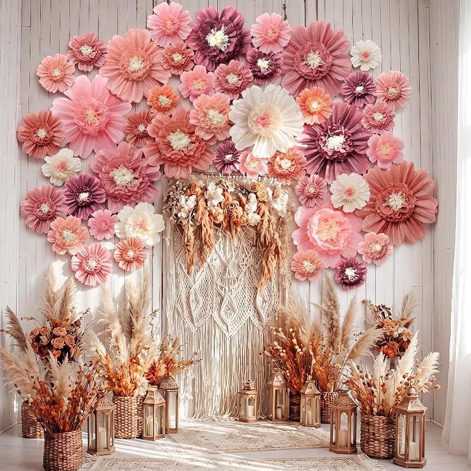 Giegxin 44 Pcs Multiple Sizes Boho Giant Paper Flowers for Wall Decorations Pink White Big Tissue Flowers Boho Party Decorations Floral for Wedding Baby Shower Classroom Nursery Bachelorette Backdrop