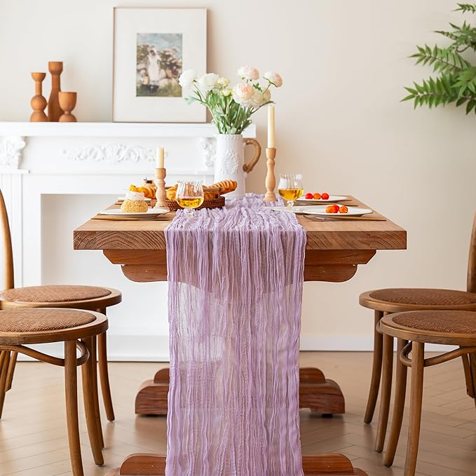 FEXIA Lilac Cheesecloth Table Runner 35x120 Inches Spring Easter Gauze Lavender Table Runners for Mother's Day Bridal Shower Wedding Party First Communion Centerpiece Engagement Decoration