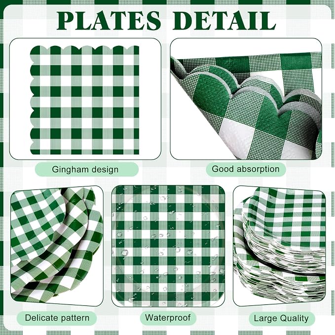 Funnymoom 452 Pcs Green Gingham Party Supplies for 50, Dark Green Plaid Checkered Paper Plates Napkins Cups Tablecloth Cutlery Straws for Holiday Birthday Baby Shower Party Decoration
