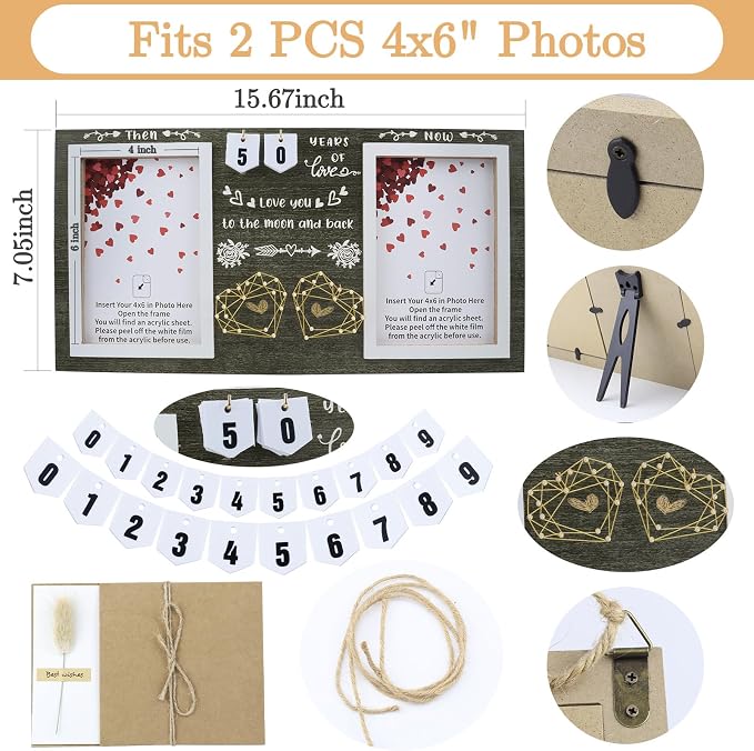 Then & Now Anniversary Picture Frame – Anniversary Wedding Gift for Couple & Parents, 1–99 Years Double 4x6 Picture Frame with Number Cards & Greeting Card (Dark Green)