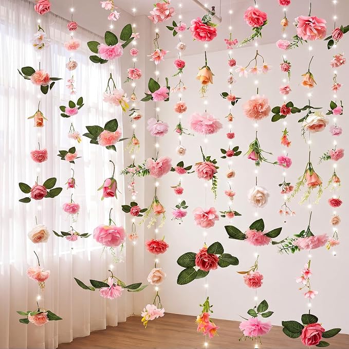 Suncalla 6 Pack 35.4ft Fake Flower Garland Backdrop with LED Lights Hanging Wildflower Floral Vine Decorations for Wedding Bridal Shower Birthday Baby Shower Party Backdrop(Bright,Pink)