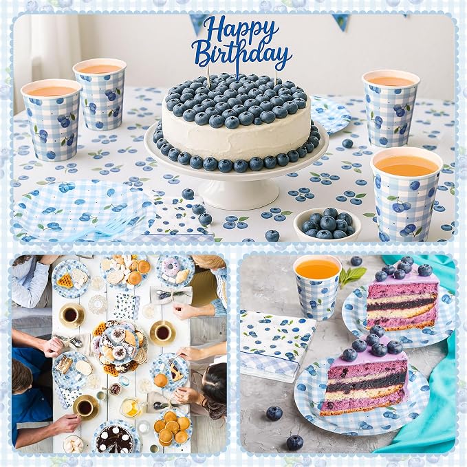 Honeydak 210 Pcs Blueberry Party Supplies for 30 Guests, Includes Plates, Cups, Napkins, Cutlery - Blueberry Checked Birthday Tableware Decorations for 1st Birthday, Summer Fruit Party