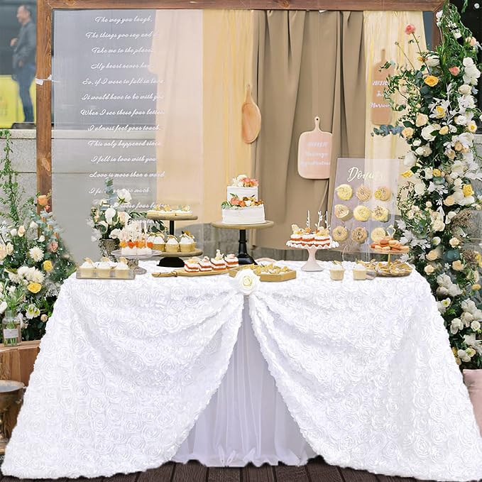 Fanqisi White Tablecloth 50x102 Inches Rosette Wedding Tablecloth Party Table Decor Rectangle Satin Floral Table Cover for Baby Shower Decorations
