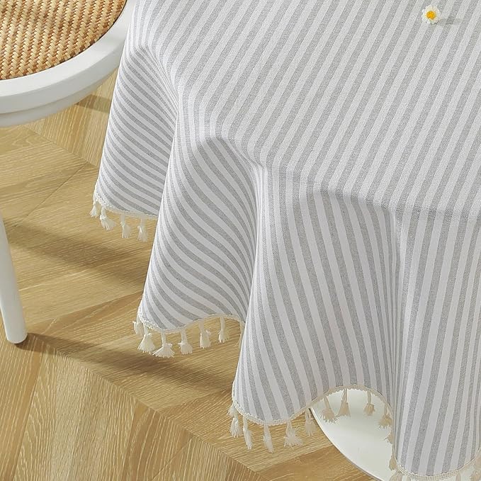 meioro Striped Tablecloth Round Tablecloths Cotton Blend Table Cloth Washable Tabletop Decorative Fabric Table Cover for Kitchen Dinning (Grey, Round 60 Inch)