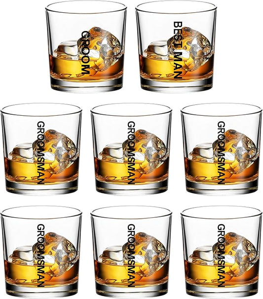 Groomsmen Whiskey Glasses Set of 8-11oz Old Fashioned Rocks Glass - Unique Groomsmen Gifts for Wedding Party, Bachelor Party Favors for Men