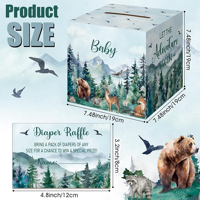 Teling 51 Pieces Diaper Raffle Tickets with Card Box Baby Shower Decorations Baby Shower Holder Box for Girl Boy Diaper Raffle Party(Let the Adventure Begin)