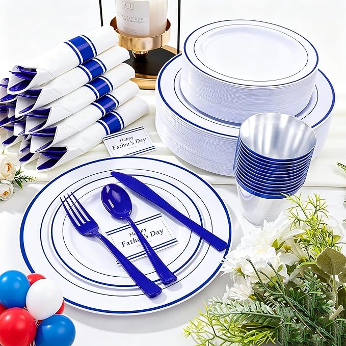 WELLIFE 350 Pcs Blue Plastic Plates for 50 Guests - Plastic Dinnerware Set,Party Supplies Includes 100 blue plates,150 Silverware,50 Napkins,50 Cups,Blue and White Plates