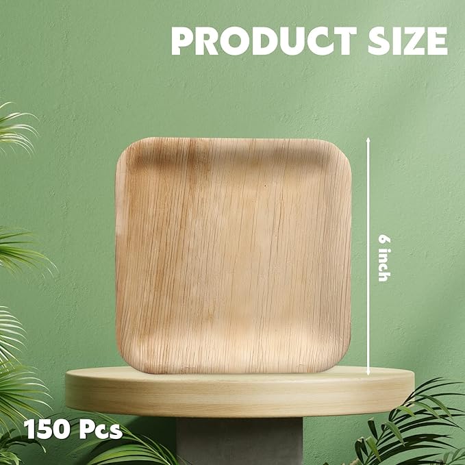Didaey 150 Pcs 6 Inch Palm Leaf Square Bamboo Plates Disposable Wood Dinnerware Set Leaf Plates for Weddings Catering Events Birthday Summer Party